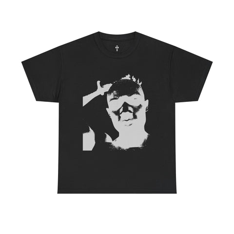 Graphic Portrait Tee — Monochrome Face Print with Bold Back Logo
