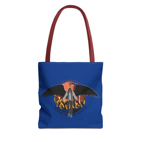 'Talking To My Demons' Blue AOP Tote Bag | Stylish Reusable Bag for Everyday Use | Perfect for Grocery Shopping, Beach Days, Travel, and Gifts